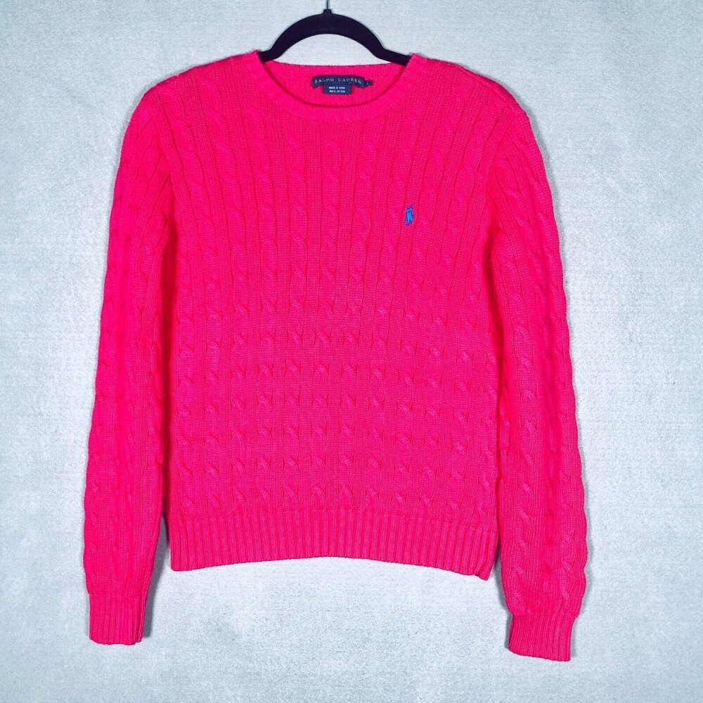 Vintage Ralph Lauren Sweater Womens L Pink Cable Knit Pullover Tennis